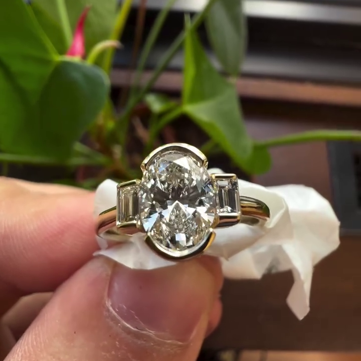 2.90tcw Oval Lab Grown Diamond Three Stone Engagement Ring | Half Bezel | IGI Certified | VVS–VS Clarity