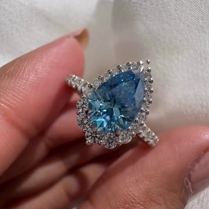 Fancy Blue Pear 6.00tcw Lab Grown Diamond Halo Engagement Ring | IGI Certified