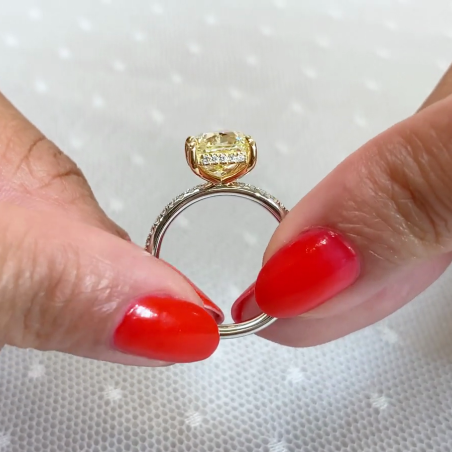 Radiant 3.90tcw Fancy Yellow Lab Diamond Ring | Two-Tone | Hidden Halo | IGI Certified