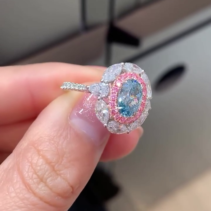 Oval Fancy Blue 3.30tcw Lab Diamond Double Halo Ring | IGI Certified | Pink & Marquise