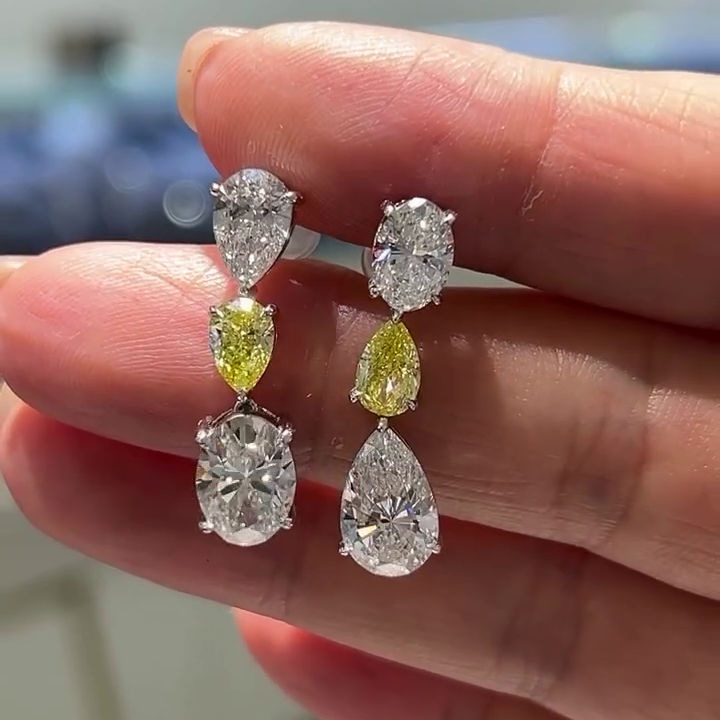 7.00tcw Pear Fancy Yellow & Oval Lab Grown Diamond Dangle Earrings | White Gold | VVS–VS Clarity | IGI Certified | Luxury Drop Earrings