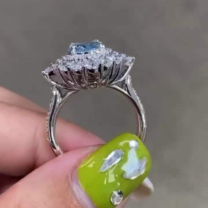 Fancy Blue 5.50tcw Oval Lab Diamond Double Halo Ring | IGI Certified