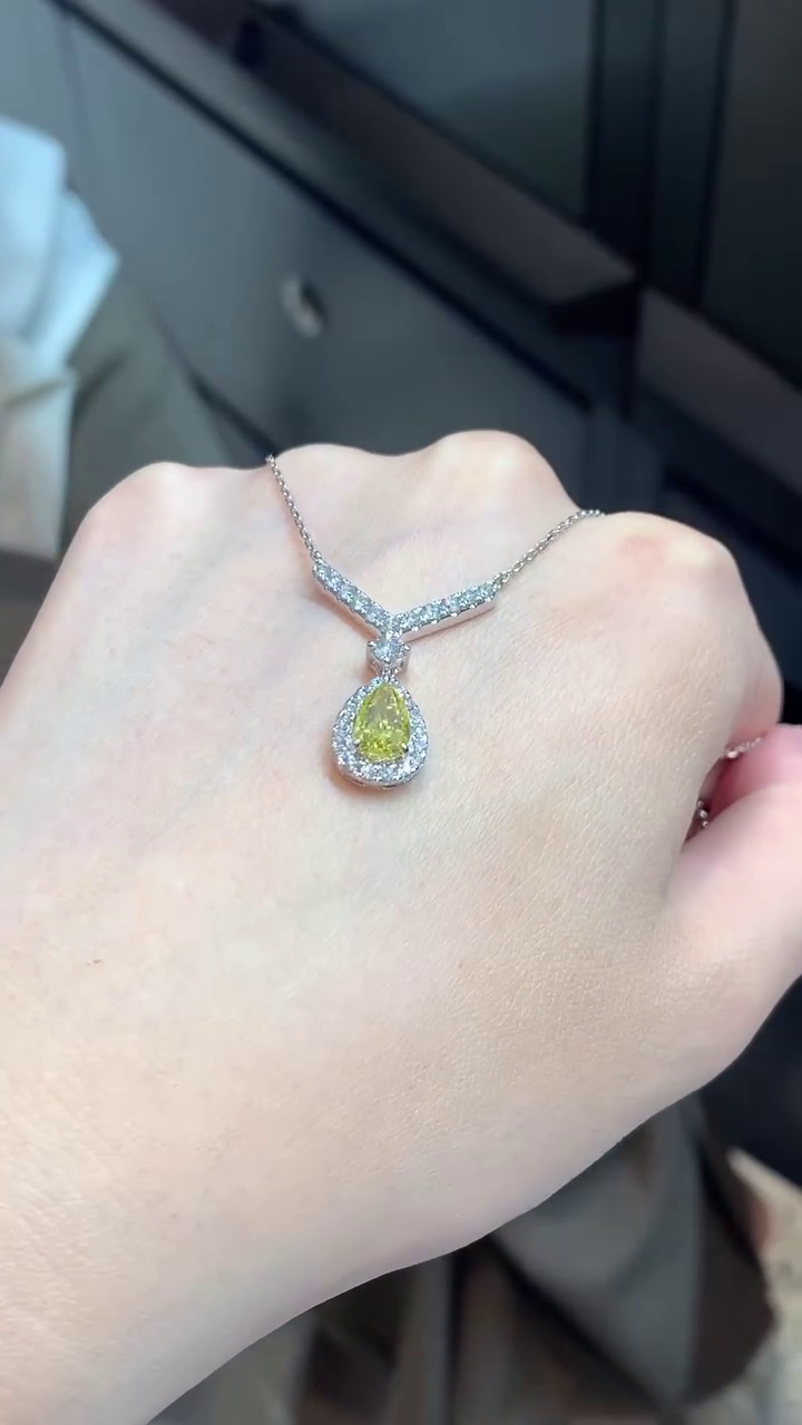 Pear 2.20tcw Fancy Yellow Lab Diamond Halo Pendant | IGI Certified | VS Clarity | Custom Gold