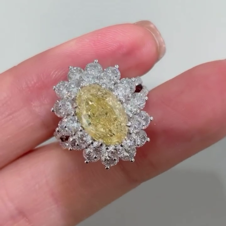 Yellow 1.50ct Lab Grown Diamond Halo Ring | Oval Fancy Yellow Diamond | 2.00ct White Side Stones | Double Halo Engagement Ring