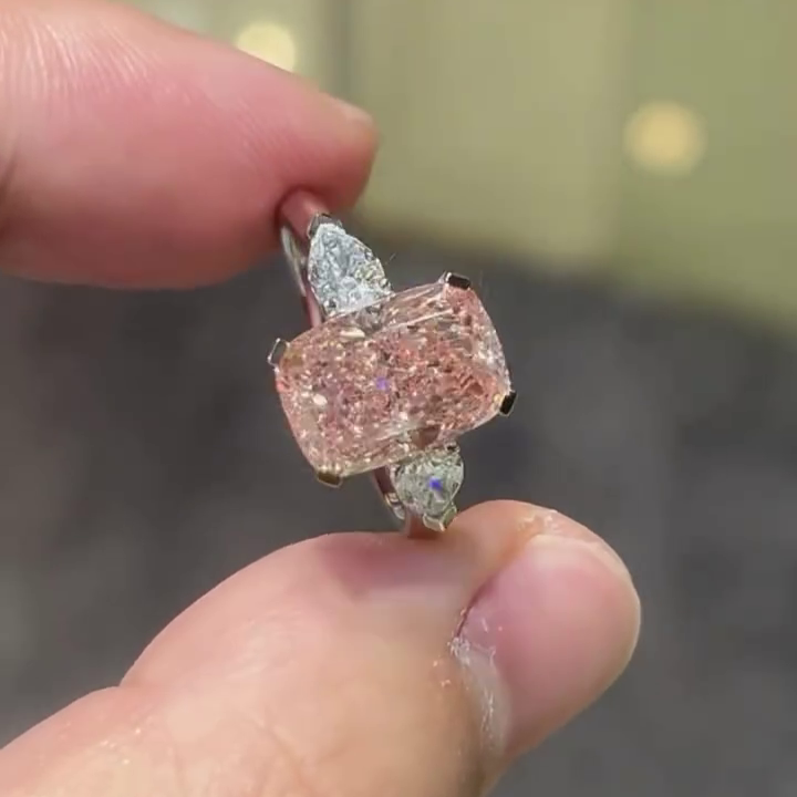 4.40tcw Fancy Pink Cushion Lab Grown Diamond Ring | 0.40ct Pear Side Stones | Three Stone Style Ring | White Gold | With  IGI Certified