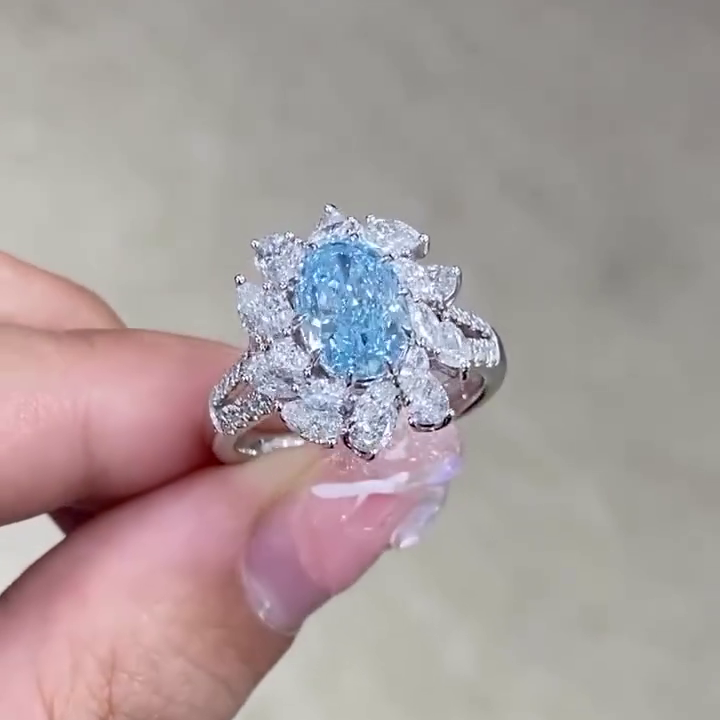 Fancy Blue Oval Lab Diamond Ring 5.00tcw with Floral Halo | VVS–VS IGI Certified