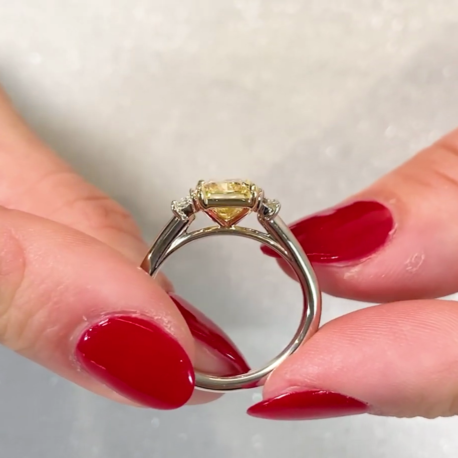 Radiant 2.50tcw Fancy Yellow Lab Diamond Ring | Three Stone | IGI Certified | VVS–VS