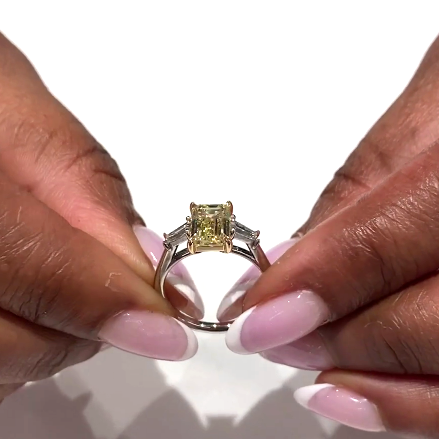 Emerald 2.60tcw Fancy Yellow Lab Diamond 3-Stone Ring | IGI | VVS–VS | 10k/14k/18k Gold