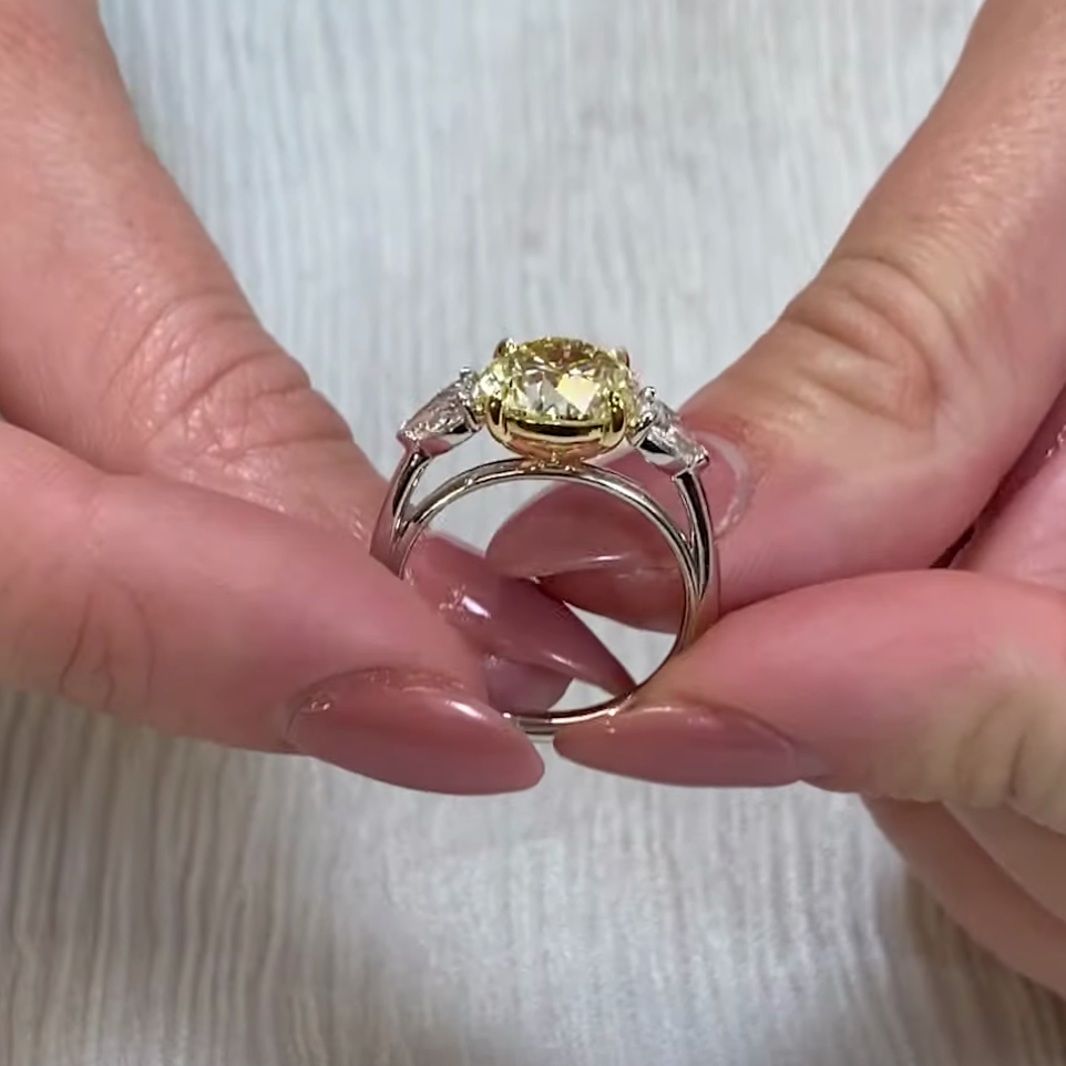 Round Fancy Yellow 3.50tcw Lab Diamond Two-Tone Three Stone Ring | IGI VS Clarity