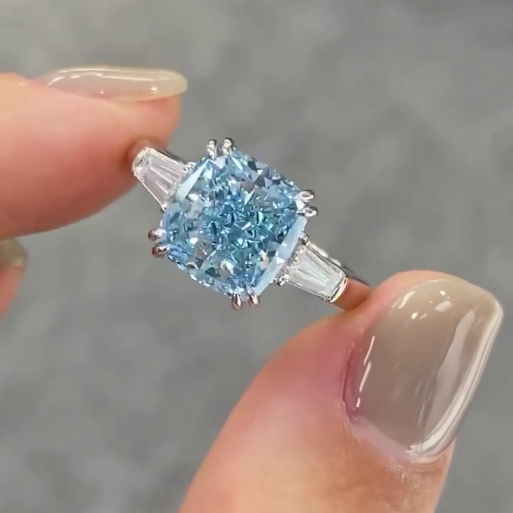 Fancy Blue Cushion Cut 3.50tcw Lab Grown Diamond Engagement Ring | Three Stone Design | IGI Certified | 10k 14k 18k Platinum Gold