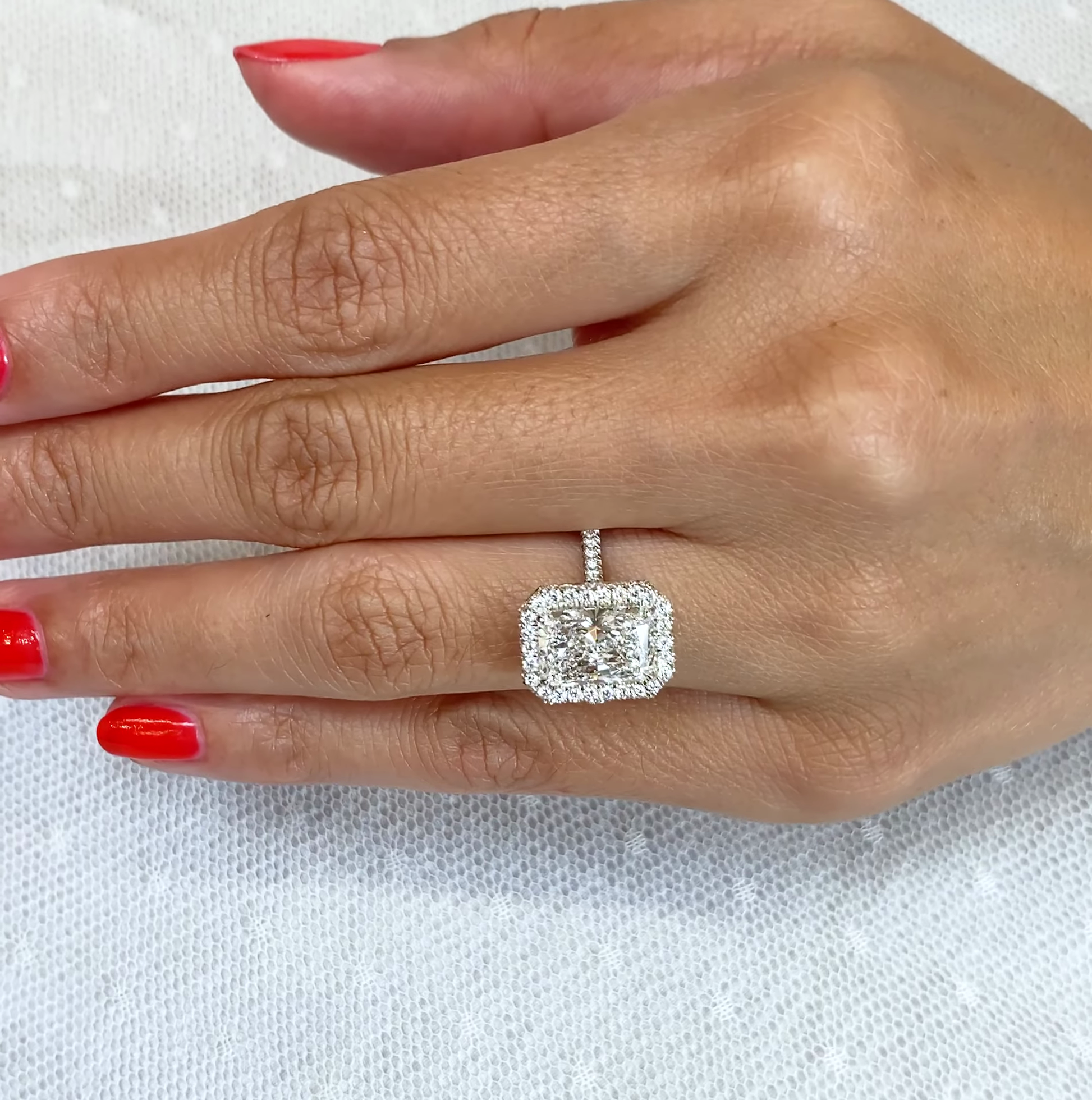 Radiant 3.80tcw Lab Grown Diamond Double Edge Halo Engagement Ring, D-E-F Color, VVS-VS Clarity - IGI Certified