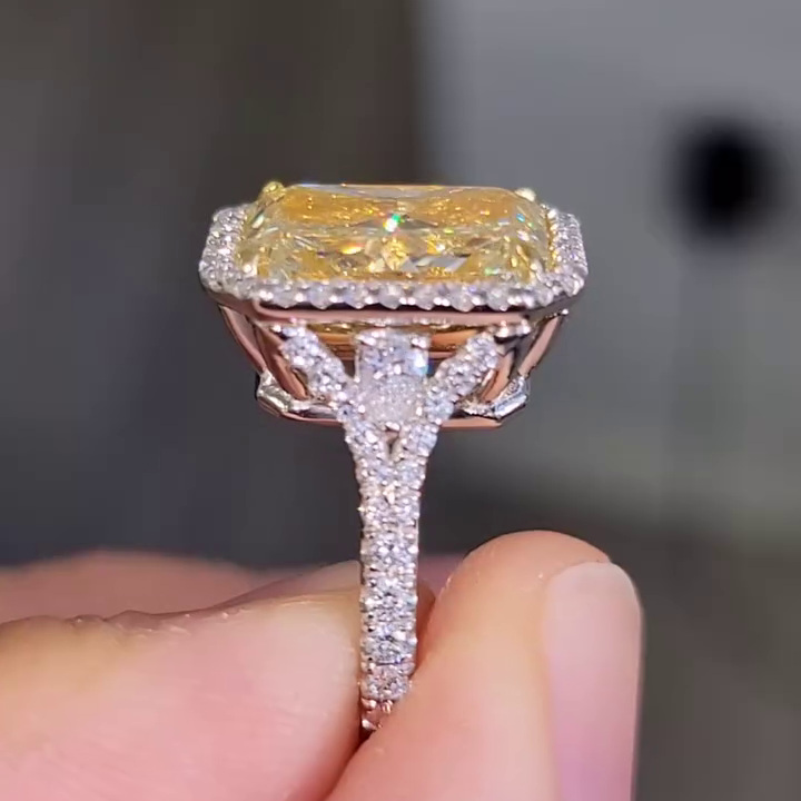 Radiant 8.30tcw Fancy Yellow Lab Diamond Ring | Pear Side Stones | Halo | IGI Certified