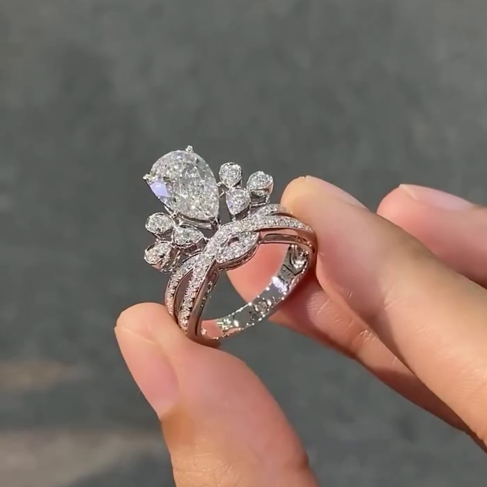 5.00tcw Pear Lab Diamond Side Stone Engagement Ring | IGI Certified | D-E-F Color VVS–VS Clarity