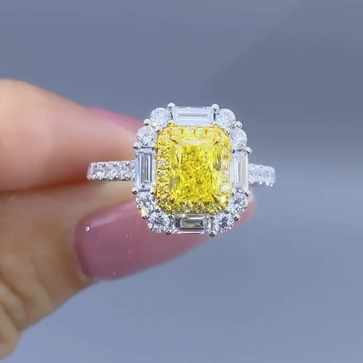 Fancy Yellow 2.50tcw Lab Diamond Halo Engagement Ring | Radiant Cut | IGI Certified