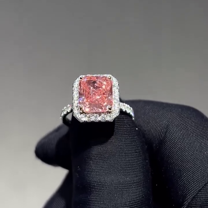 Radiant Fancy Pink 4.70tcw Lab Grown Diamond Engagement Ring | Two-Tone Halo | Pavé Band | VVS–VS Clarity | IGI Certified | Luxury Ring