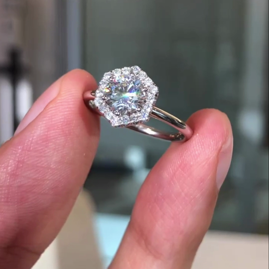Round 2.60tcw Lab Diamond Hexagon Halo Engagement Ring | 2ct Center | IGI Certified