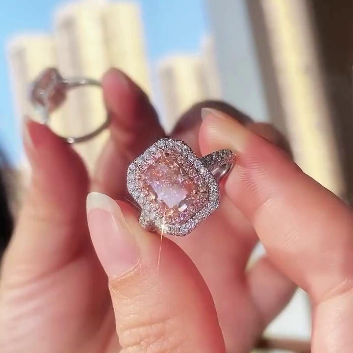 Fancy Pink Lab Diamond Ring 6.00tcw | 5ct Radiant Halo Engagement Ring | IGI Certified