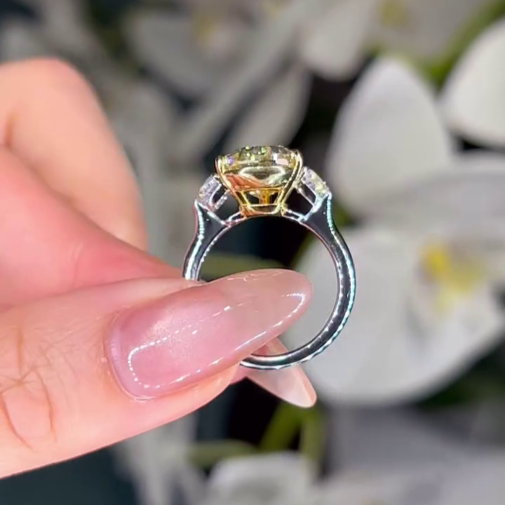 Pear Fancy Yellow 6.00tcw Lab Diamond Two Tone Three Stone Ring | Cathedral Setting | VVS–VS