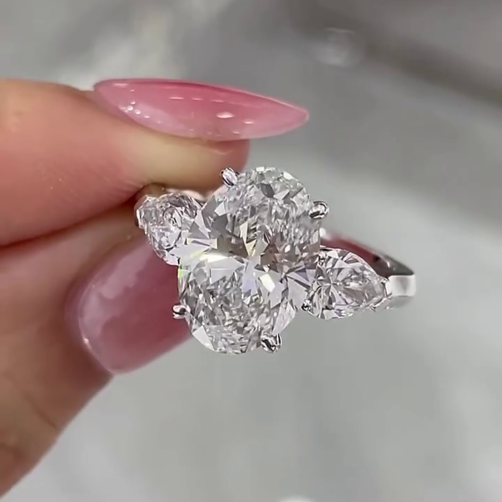 Oval 6.00tcw Lab Grown Diamond Three Stone Cathedral Engagement Ring | D-E-F Color | VVS–VS Clarity | IGI Certified | Luxe Bridal Ring