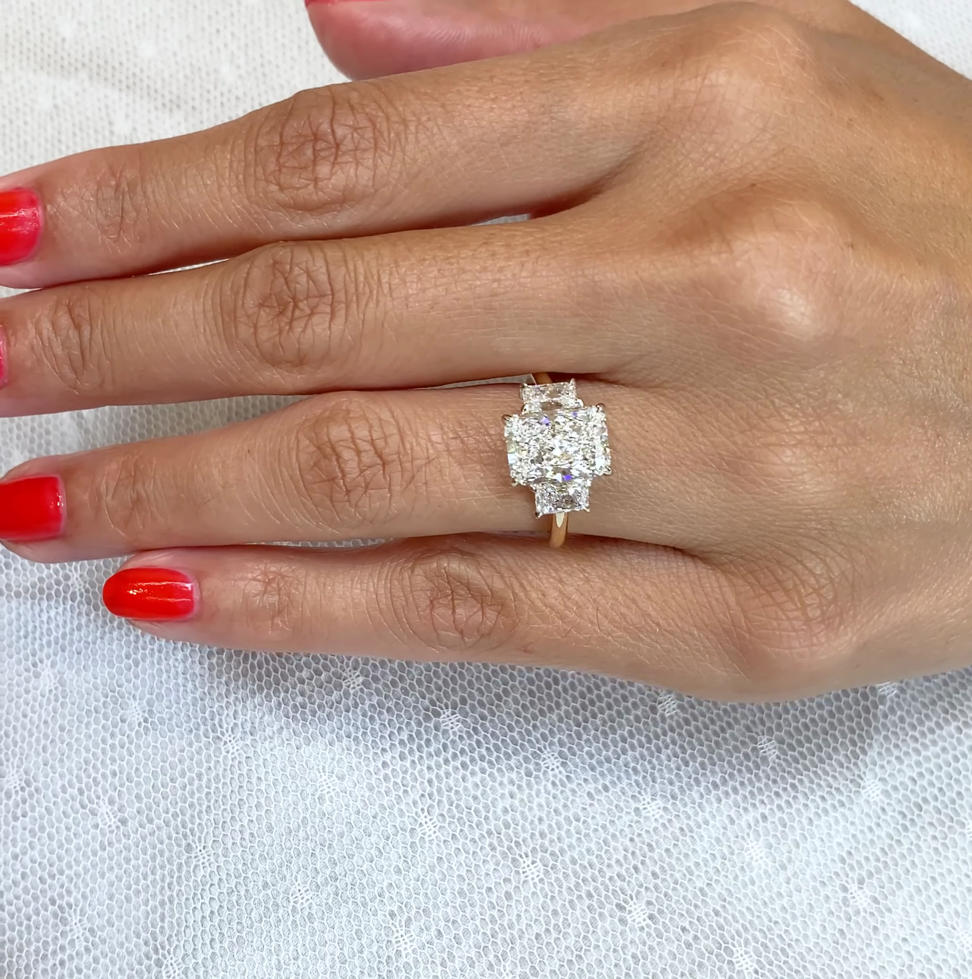 5.00tcw Radiant Lab Diamond Three-Stone Ring | IGI | Sustainable Luxury | Yellow Gold