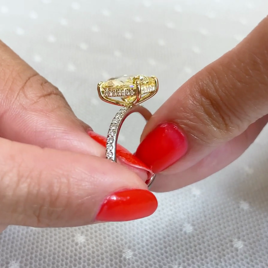 Radiant 3.90tcw Fancy Yellow Lab Diamond Ring | Two-Tone | Hidden Halo | IGI Certified
