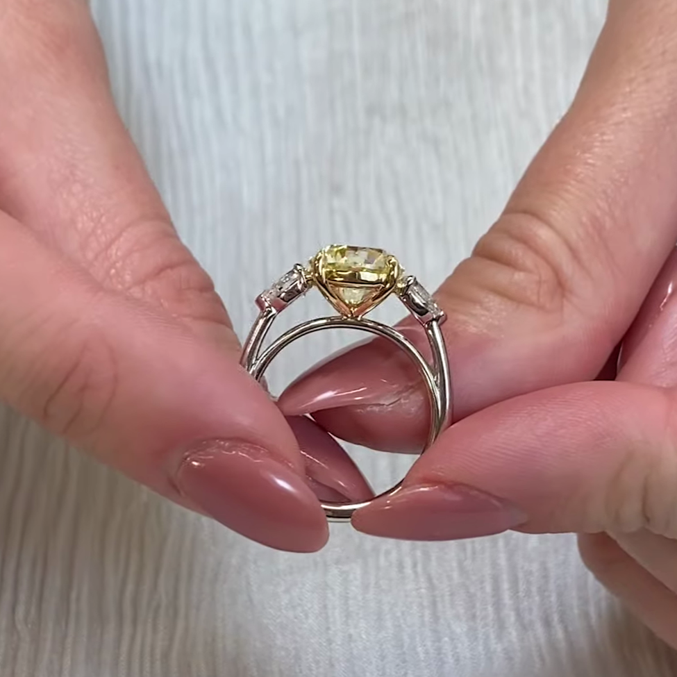 Round Fancy Yellow 3.50tcw Lab Diamond Two-Tone Three Stone Ring | IGI VS Clarity