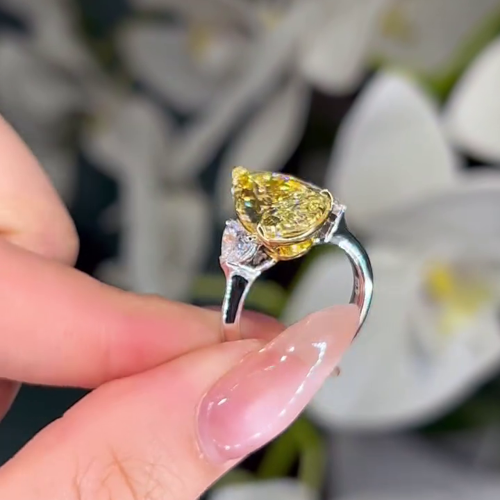 Pear Fancy Yellow 6.00tcw Lab Diamond Two Tone Three Stone Ring | Cathedral Setting | VVS–VS