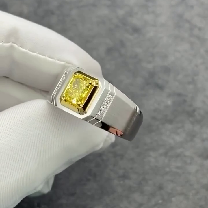 Radiant Fancy Yellow 2.05tcw Lab Grown Diamond Two Tone Bezel Set Men's Ring, VVS-VS Clarity - IGI Certified Ring