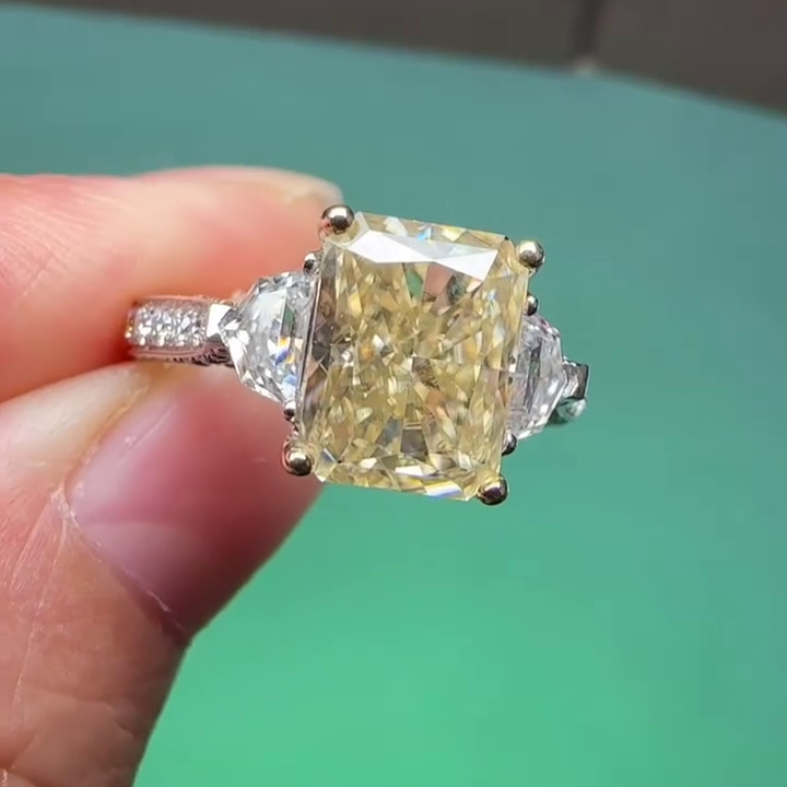 Radiant Fancy Yellow 4.00ct Lab Diamond Ring | 1.50ct White Side Stones | IGI Certified