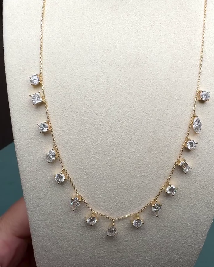 7.50tcw Lab Grown Diamond Dangle Necklace | Multi-Shape Round, Pear, Oval, Marquise, Emerald, Princess | Yellow Gold | IGI Certified