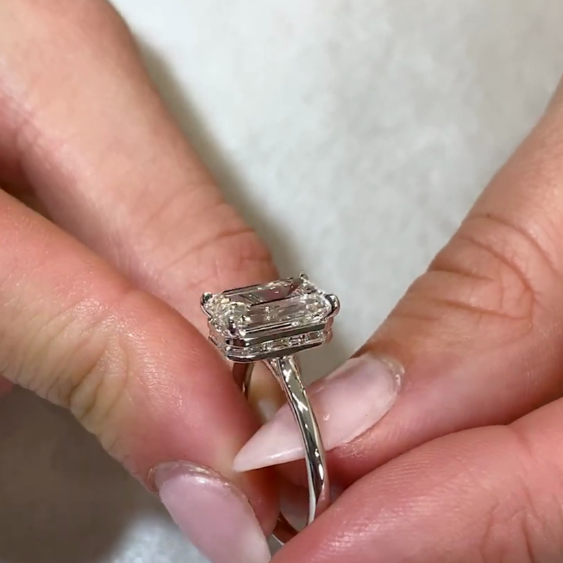 3.10tcw Emerald Lab Diamond Engagement Ring | Hidden Halo | Baguette Accents | IGI Certified