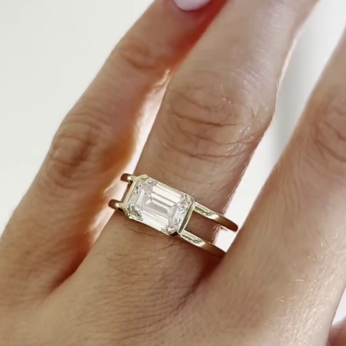 Emerald 3.00ct Lab Grown Diamond Engagement Ring | East-West Half Bezel Split Shank | IGI Certified