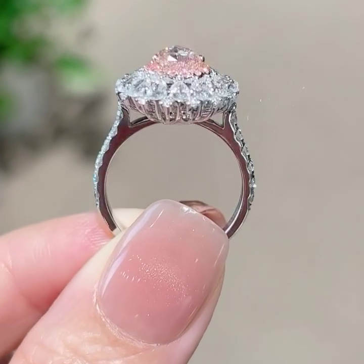 Pear Shape 4.50tcw Pink Lab Grown Diamond Halo Engagement Ring | 1.50ct Center | 3.00ct Side Stones | Fancy Pink Diamond | IGI Certified