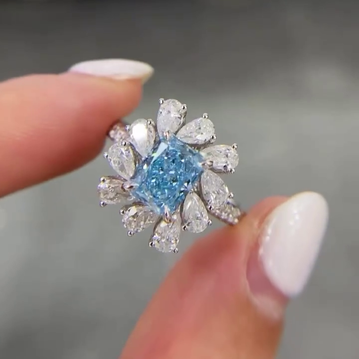 Fancy Blue Radiant 3.00tcw Lab Grown Diamond Cluster Engagement Ring | IGI Certified