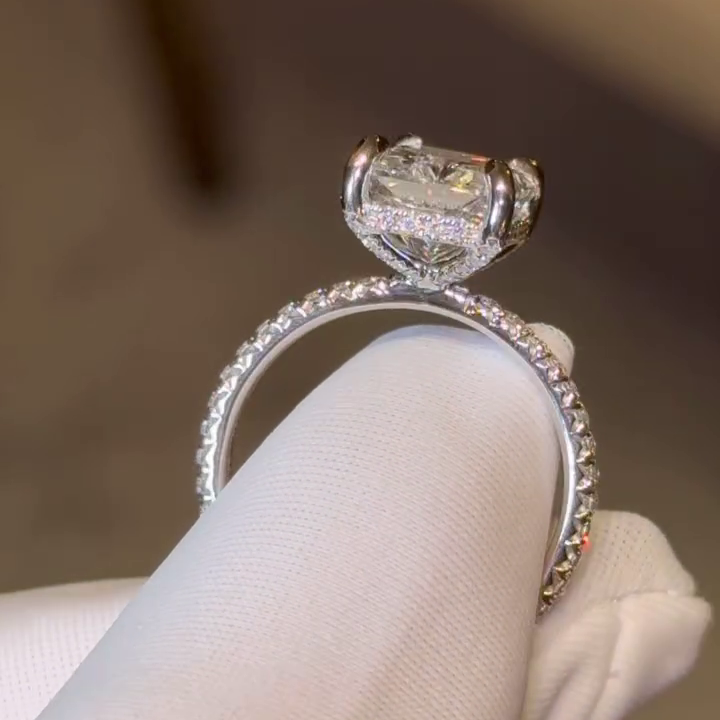 Radiant 3.50tcw Lab Diamond Ring | Modern Hidden Halo Design | Handcrafted Luxury Ring