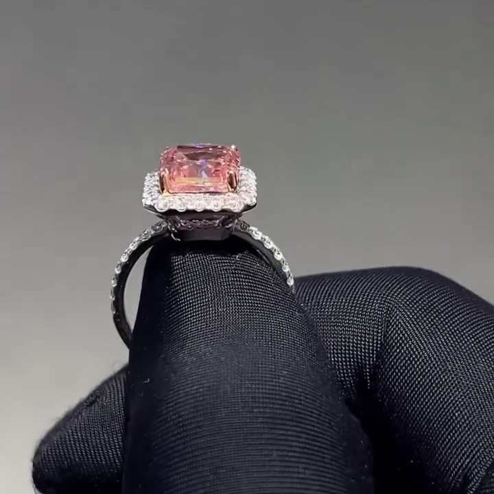 Radiant Fancy Pink 4.70tcw Lab Grown Diamond Engagement Ring | Two-Tone Halo | Pavé Band | VVS–VS Clarity | IGI Certified | Luxury Ring