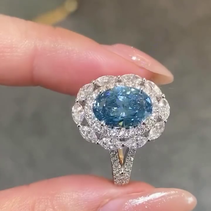 Oval 2.00ct Fancy Blue Lab Grown Diamond Engagement Ring | 5.00tcw Double Halo Ring | IGI Certified | White Gold | VVS–VS Clarity
