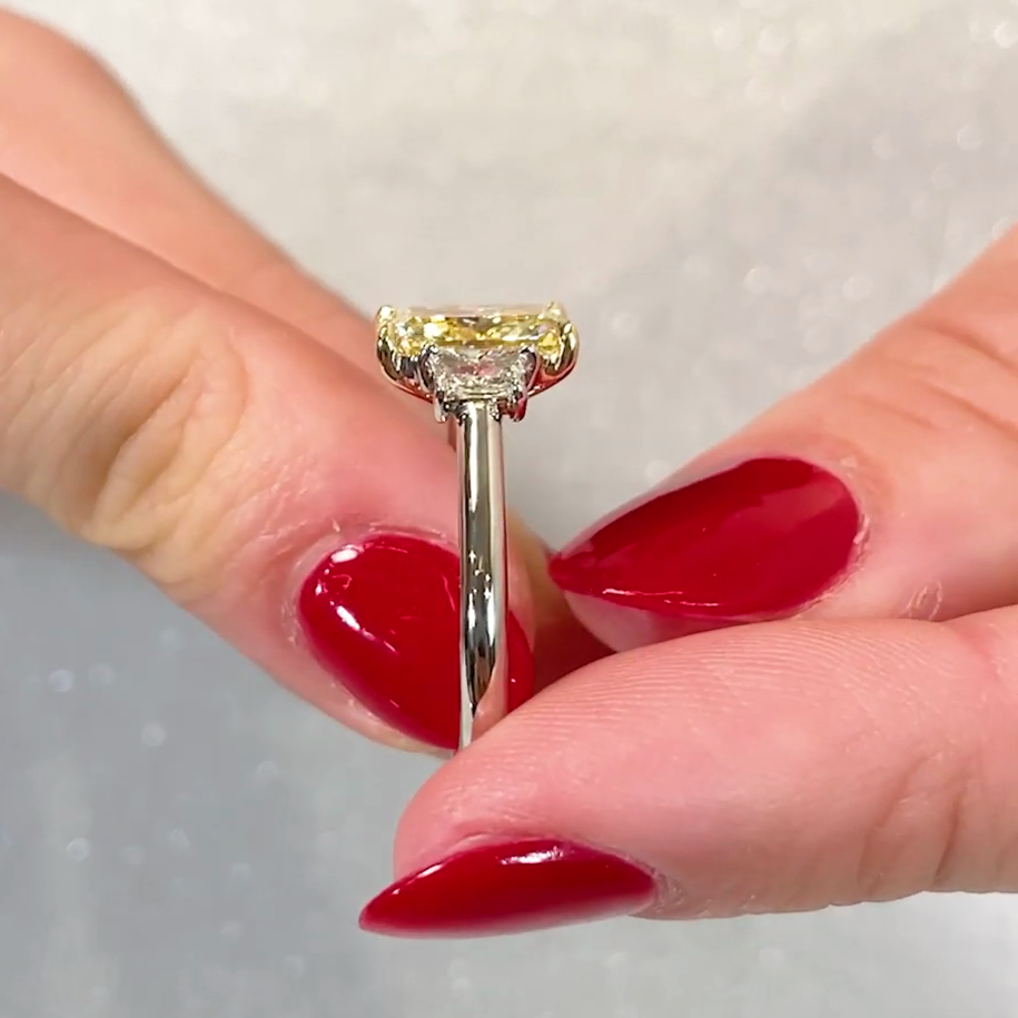 Radiant 2.50tcw Fancy Yellow Lab Diamond Ring | Three Stone | IGI Certified | VVS–VS