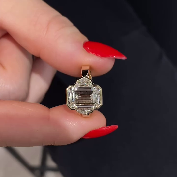 Emerald 2.60tcw Lab Grown Diamond Bezel Engagement Ring with Half Moon Side Stones