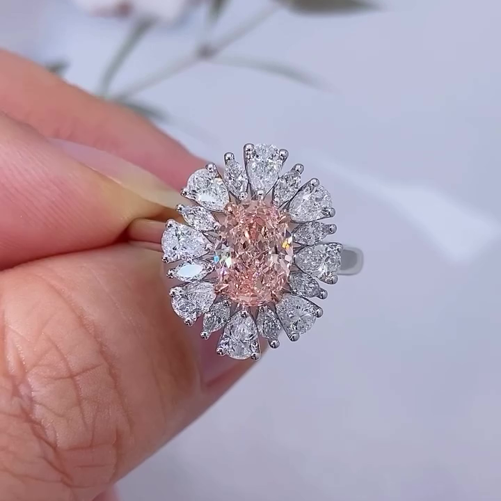 Fancy Pink Oval 2.70ct Lab Grown Diamond Engagement Ring | Double Halo And Side Stones | VVS-VS Clarity | IGI Certified