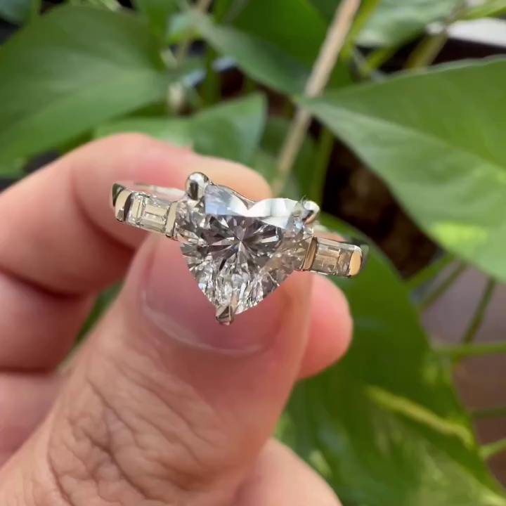 Heart 1.40tcw Lab Diamond Three Stone Ring | Baguette Accents | IGI Certified | DEF VVS–VS