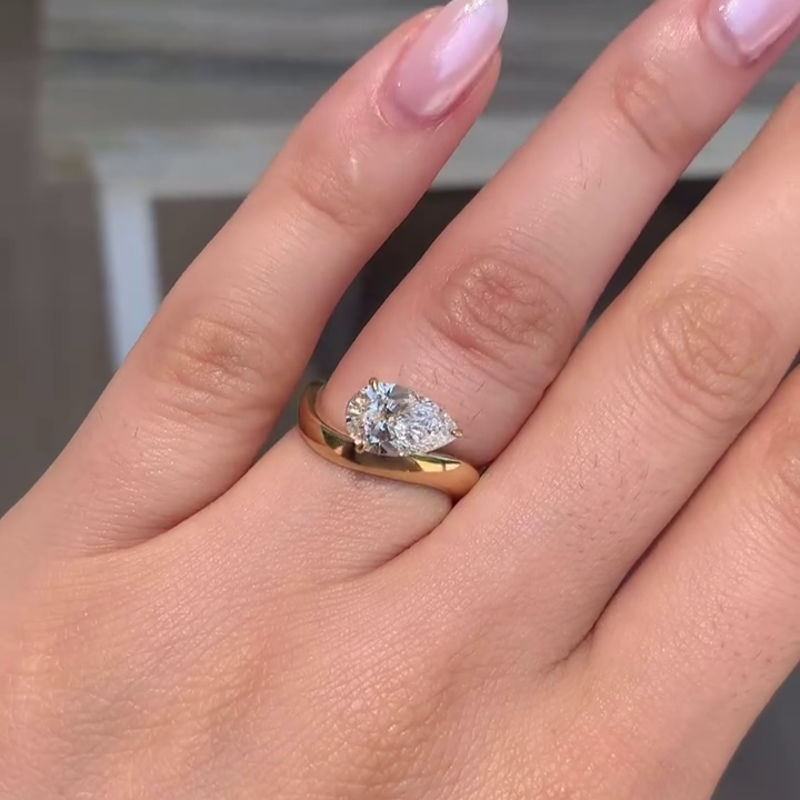 1.50tcw Pear Lab Grown Diamond Wave Band Engagement Ring | IGI Certified | Yellow Gold