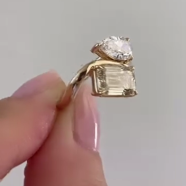 Emerald Fancy Yellow And Pear White 2.50tcw Lab Grown Diamond Two Stone Engagement Ring, VS Clarity