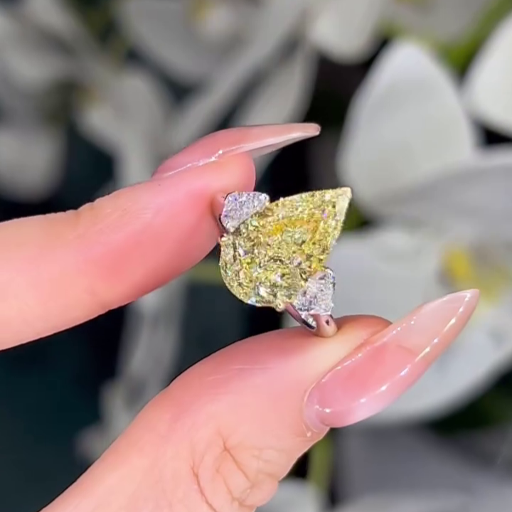 Pear Fancy Yellow 6.00tcw Lab Diamond Two Tone Three Stone Ring | Cathedral Setting | VVS–VS
