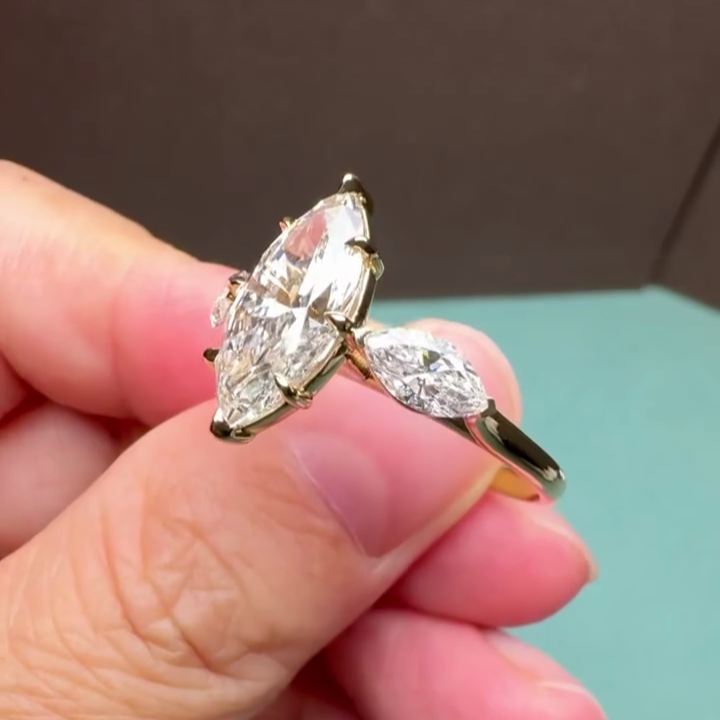 Marquise 3.60tcw Lab Grown Diamond Ring | 3.00ct Center + 0.60ct Marquise Side Stones | IGI Certified | Yellow Gold Three Stone Ring