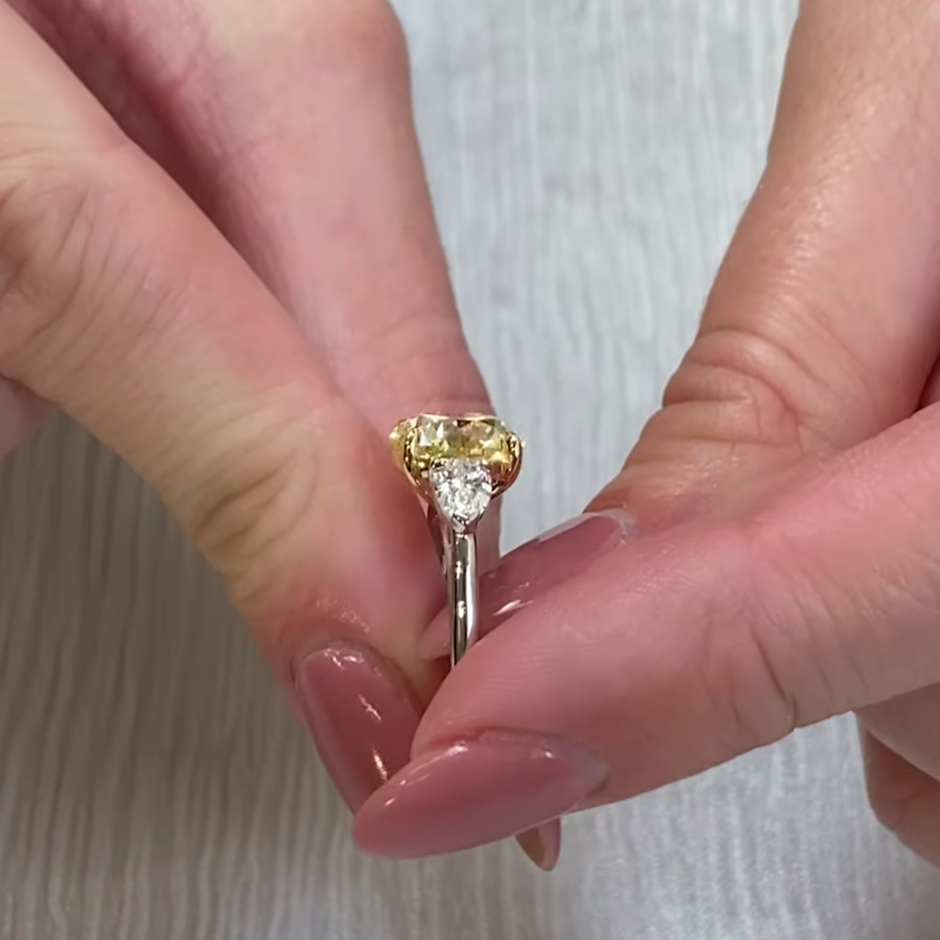 Round Fancy Yellow 3.50tcw Lab Diamond Two-Tone Three Stone Ring | IGI VS Clarity