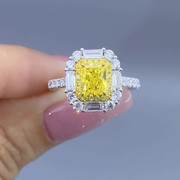 Fancy Yellow 2.50tcw Lab Diamond Halo Engagement Ring | Radiant Cut | IGI Certified