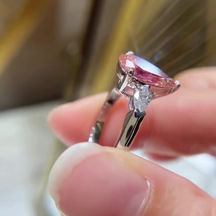 Pear Shape 2.60tcw Fancy Pink Lab Grown Diamond Engagement Ring | Three Stone Ring | 2.50ct Center | IGI Certificate