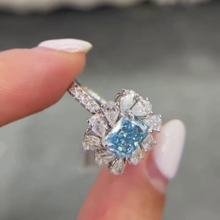 Fancy Blue Radiant 3.00tcw Lab Grown Diamond Cluster Engagement Ring | IGI Certified