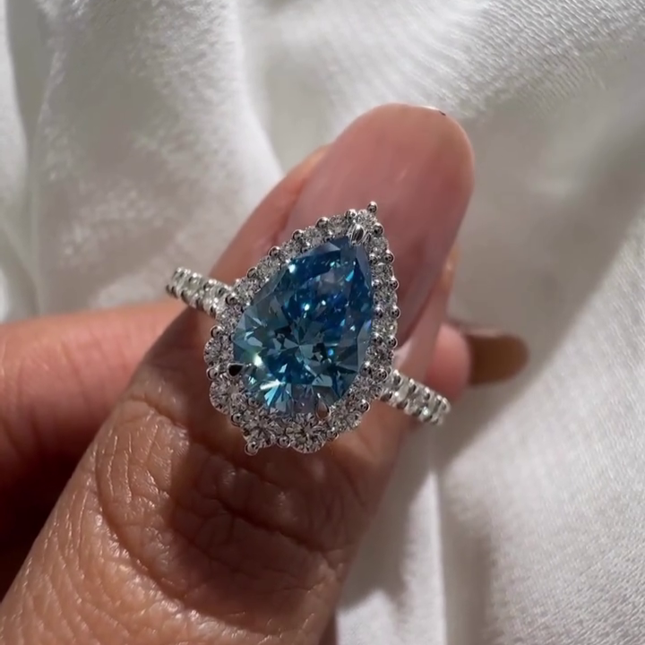 Fancy Blue Pear 6.00tcw Lab Grown Diamond Halo Engagement Ring | IGI Certified